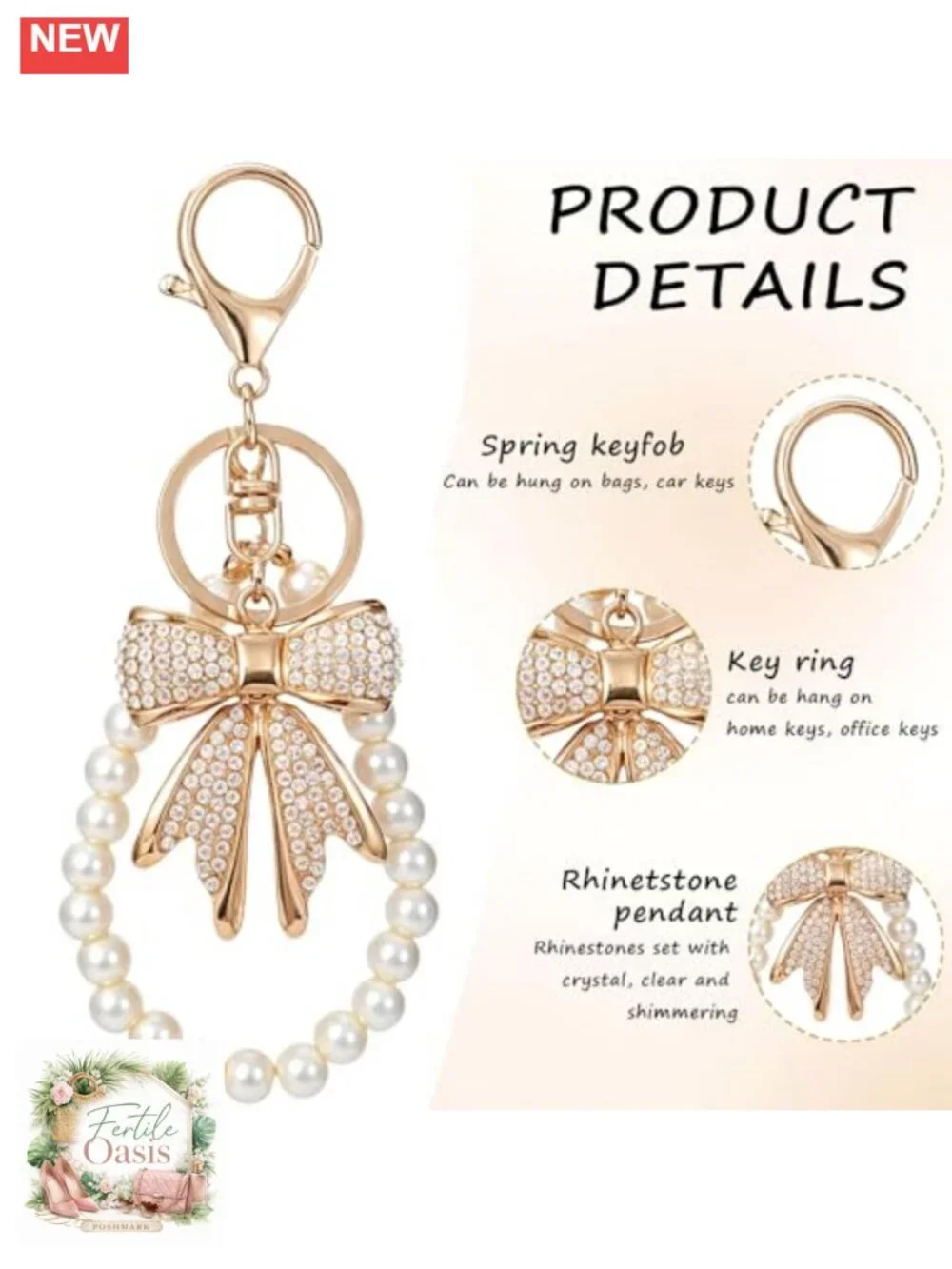 Rhinestone Bow Keychain with Pearl Chain, Lobster Clasp, Bag Charm